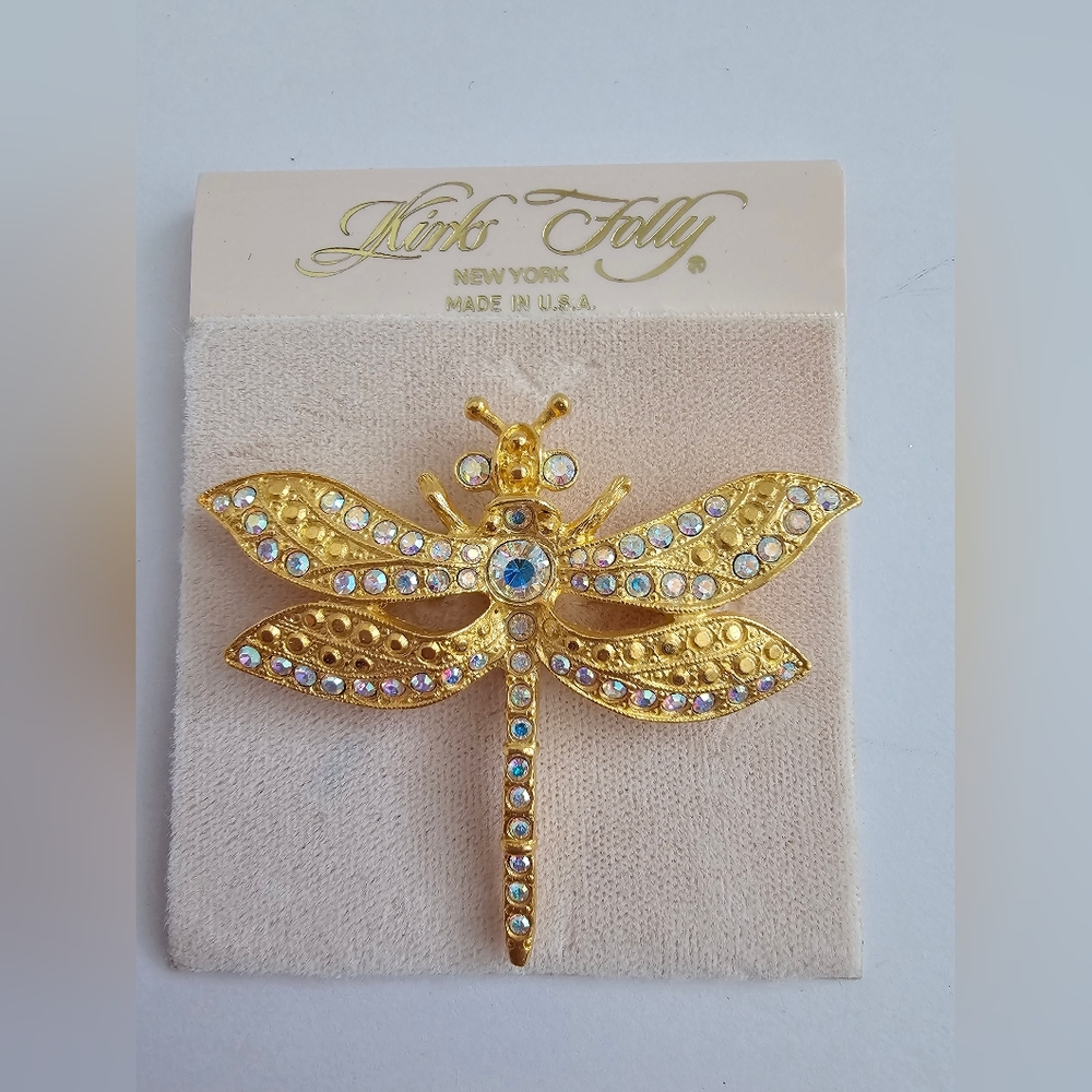 Vintage Kirks Folly Dragonfly Garden Brooch – AB Crystals Gold Tone Signed Rare